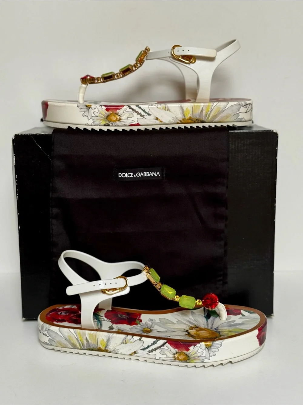 Dolce & Gabbana Poppy/Daisy T-Strap Platform Sandals w/Swarovski Crystals Size 9